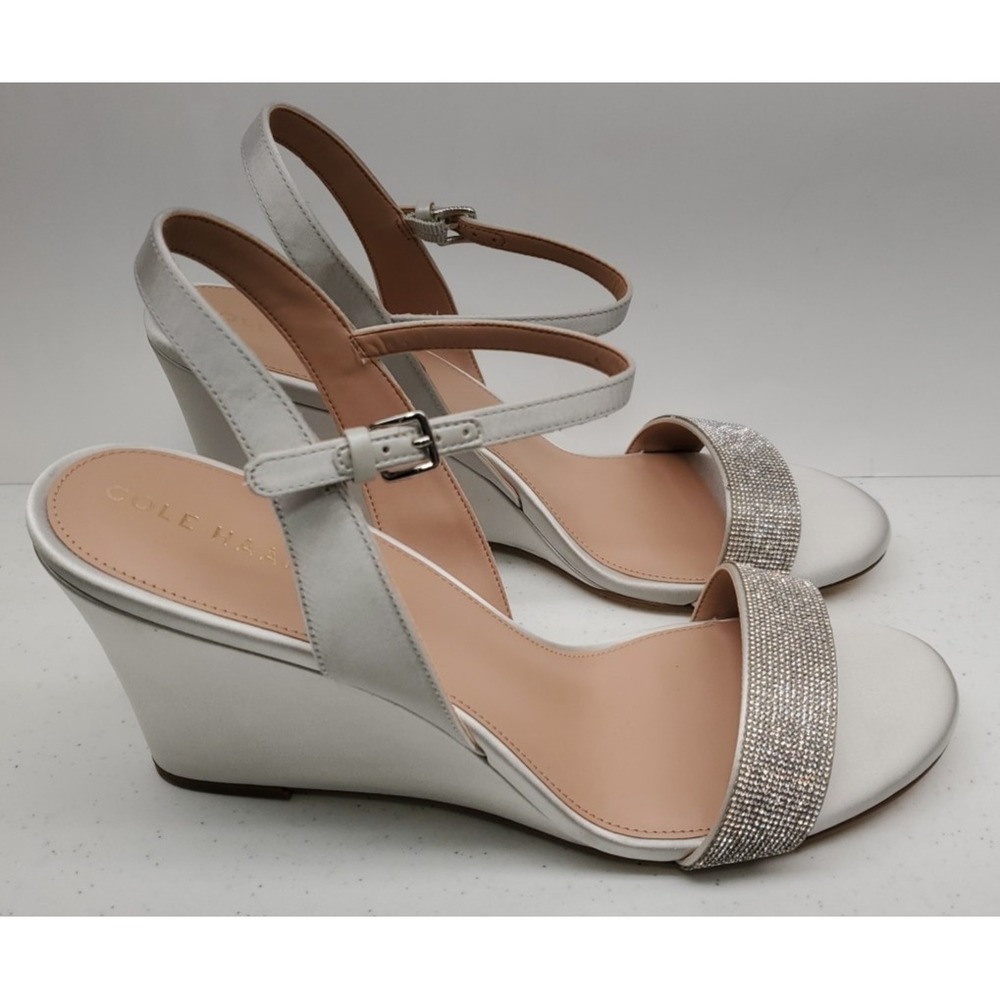 Cole Haan Josie Wedge Heel Sandals Crystal Gray Satin W30331 Women's Sz 11B NEW